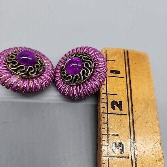 Vintage 60s Clip On Earrings Purple Gold - Picture 4 of 4